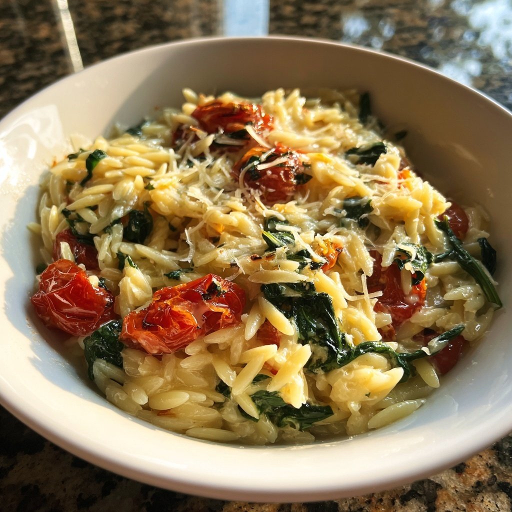 Baked Tomato Spinach Orzo